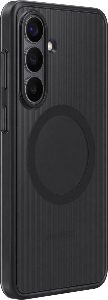 Een zwart smartphonehoesje met drie camerasnijtingen en een circulair ontwerp aan de achterkant, gezien vanaf de zijkant, met zichtbare volumeknoppen.