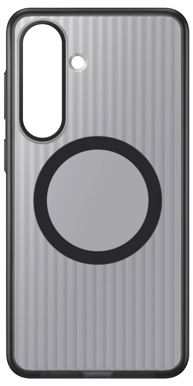 Een slanke, grijze telefoonhoes met een verticale gerilde textuur en een groot rond ontwerp in het midden, met een camerasnijtekening aan de bovenkant links.