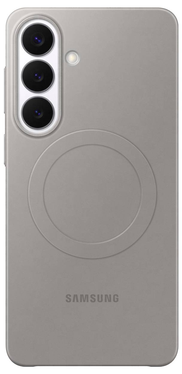 Een smartphone in grijs van achteren bekeken, met een drie-lens camerasysteem en het Samsung-logo, dat het slanke ontwerp showcaset.