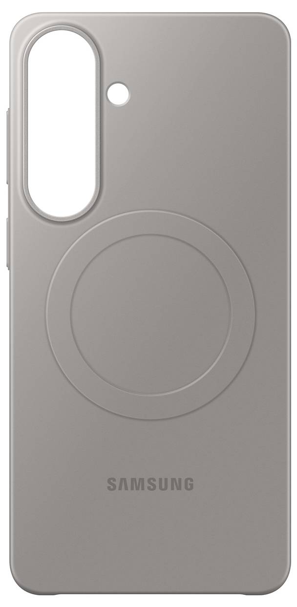 Een Samsung-hoesje in beige met een cameraruitsnede en cirkelpatroon op de achterkant.
