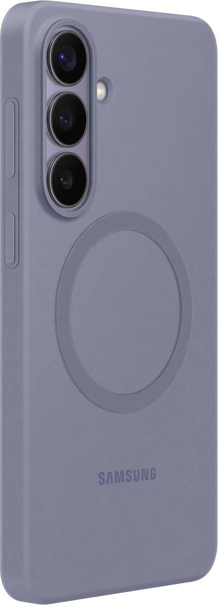 Een blauwe smartphonehoesje met drie cameragaten en een rond ontwerp in het midden, gezien van achteren.