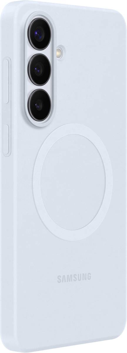 Een witte Samsung telefoonhoes met een circulair ontwerp op de achterkant, ontworpen voor een telefoon met drie cameralensen.