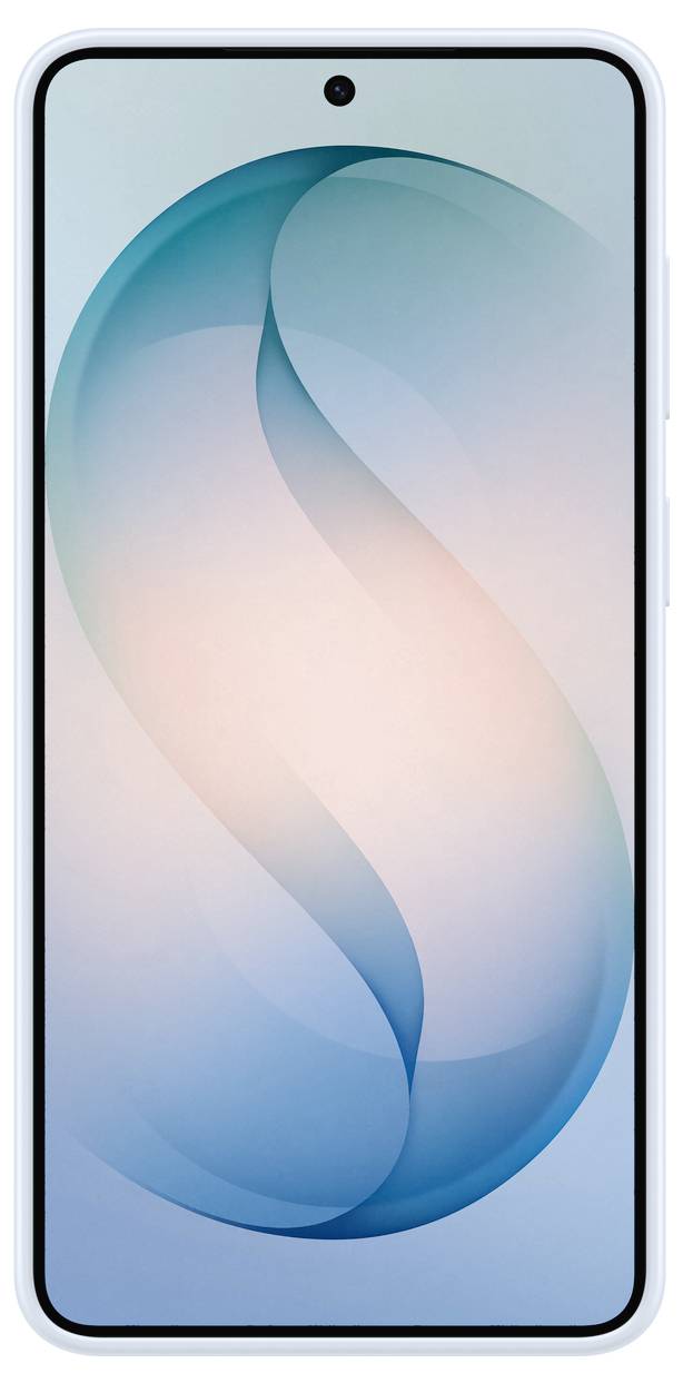 Een smartphone met een groot, randloos display en een centraal geplaatste frontcamera. Het scherm toont een abstract blauw en roze patroon.