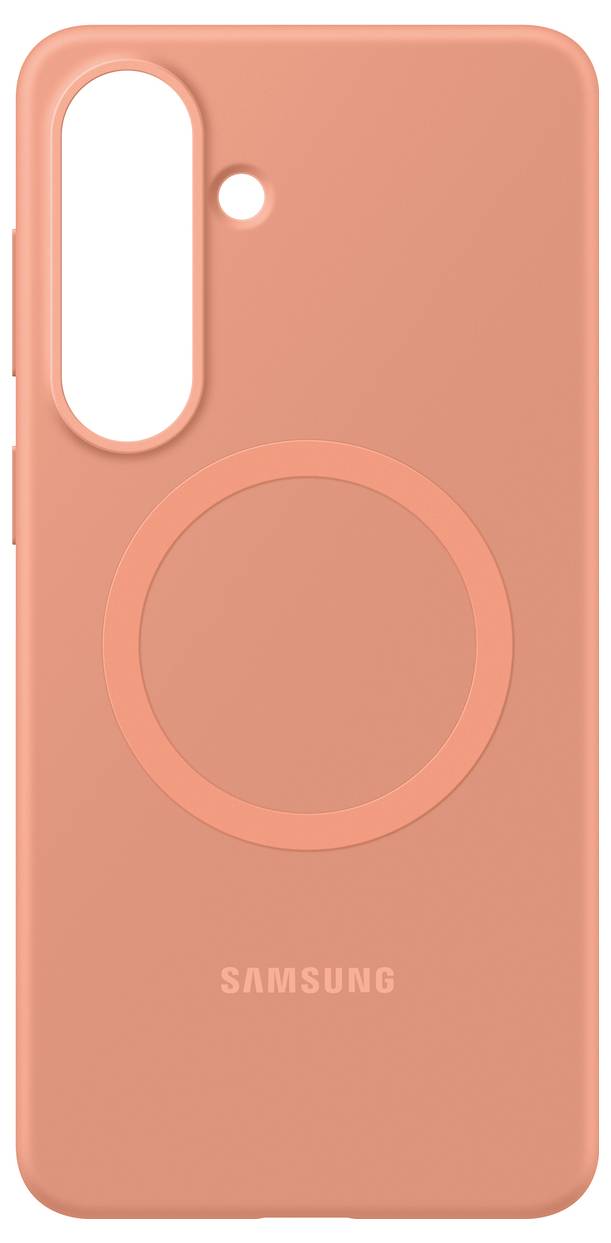 Een oranje Samsung-telefoonhoesje met een MagSafe-compatibele ring en camerautsnijding, gezien vanaf de achterkant.