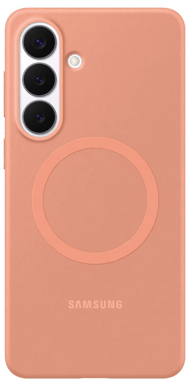 Oranje smartphone met een camermodule met drie lenzen, een circulair laadgebied op de achterkant en het woord 'Samsung' onderaan.