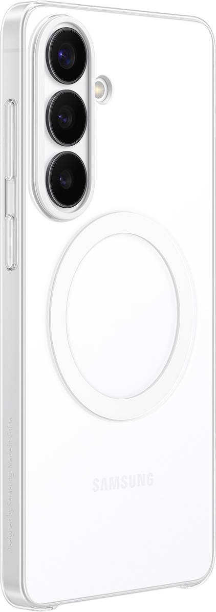 Witte smartphone met een drievoudige-lensencamera en een rond ontwerp aan de achterkant, waarschijnlijk voor draadloos laden of magnetische accessoires.