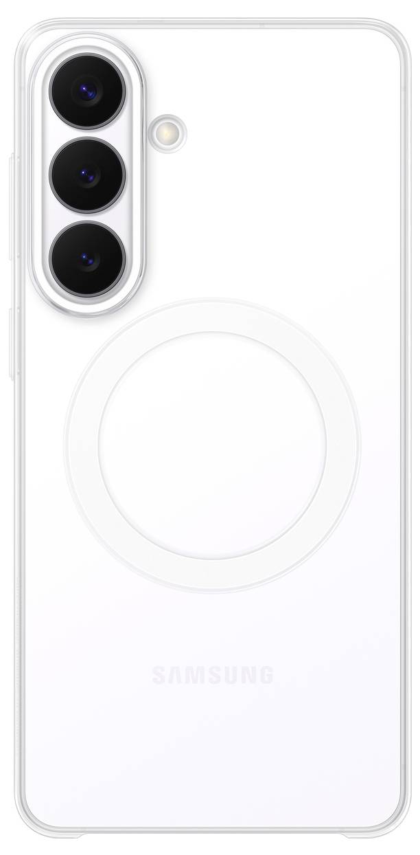 'Achteraanzicht van een witte Samsung-smartphone met drie verticaal uitgelijnde camera's en een rond ontwerp rondom de merknaam.'