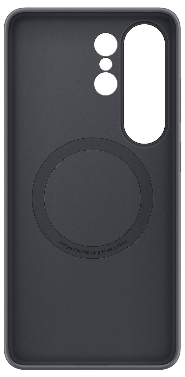 Zwarte telefoonhoes met een circulair patroon in het midden en uitsnijdingen voor de camera en knoppen, ontworpen voor een Samsung-model.