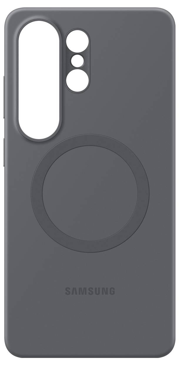 'Samsung' merk donkergrijs telefoonhoesje met cirkelvormige indrukking, ontworpen voor een smartphone met driedubbele camera met uitsnijdingen voor flitser.