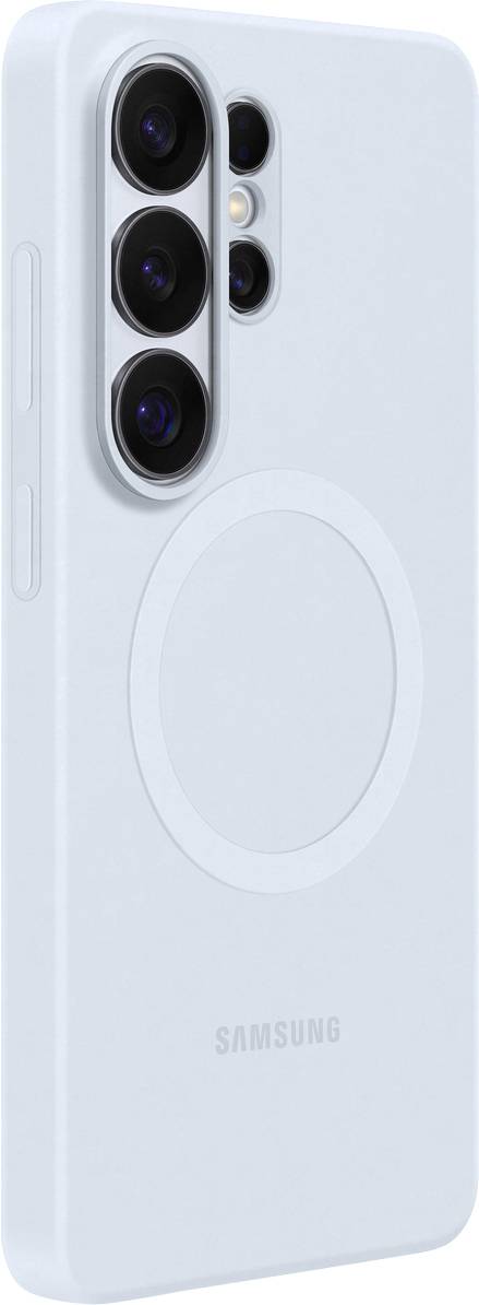 Een witte Samsung-telefoonhoes met een rond design op de achterkant en openingen voor de cameralensens.