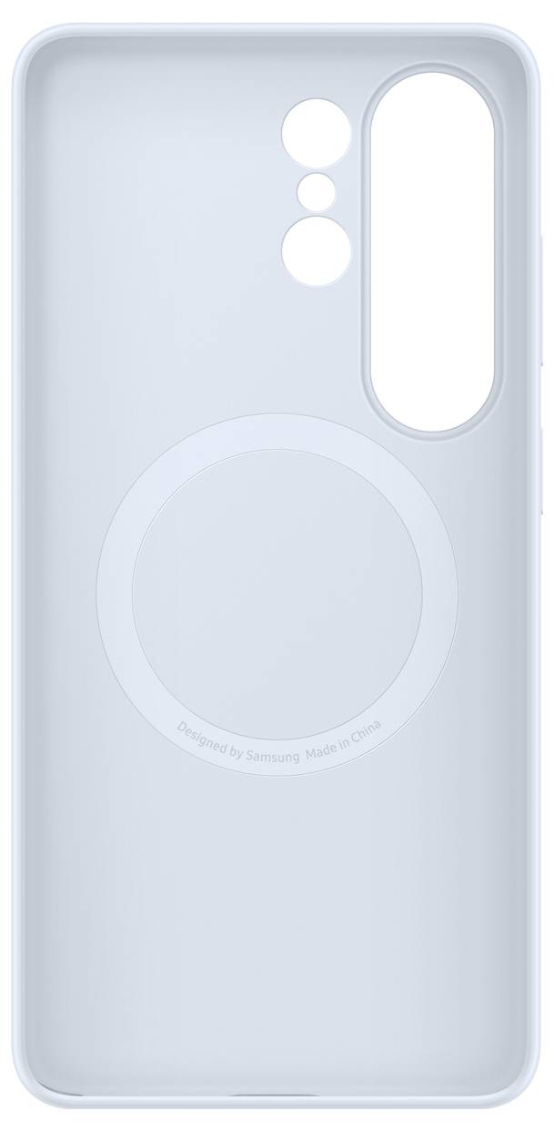 Een lichtblauwe smartphone-hoes met uitsnijdingen voor camera's en een rond ontwerp aan de achterkant, wat wijst op een strak en minimalistische stijl.