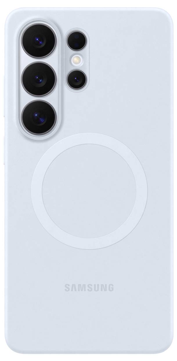 Een lichtgekleurd smartphone met een triple camerasysteem en extra sensor aan de achterkant, met een circulair laadgebied.