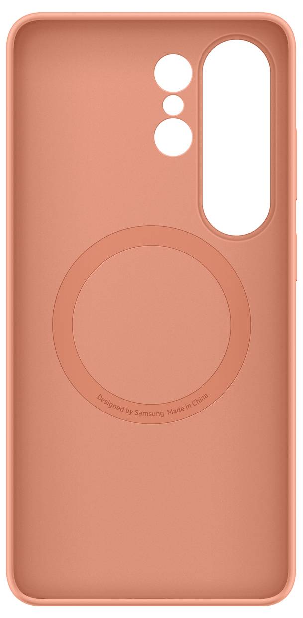 Oranje smartphone hoesje met ronde inspringinges en meerdere uitsnijdingen voor cameralenzen en knoppen.