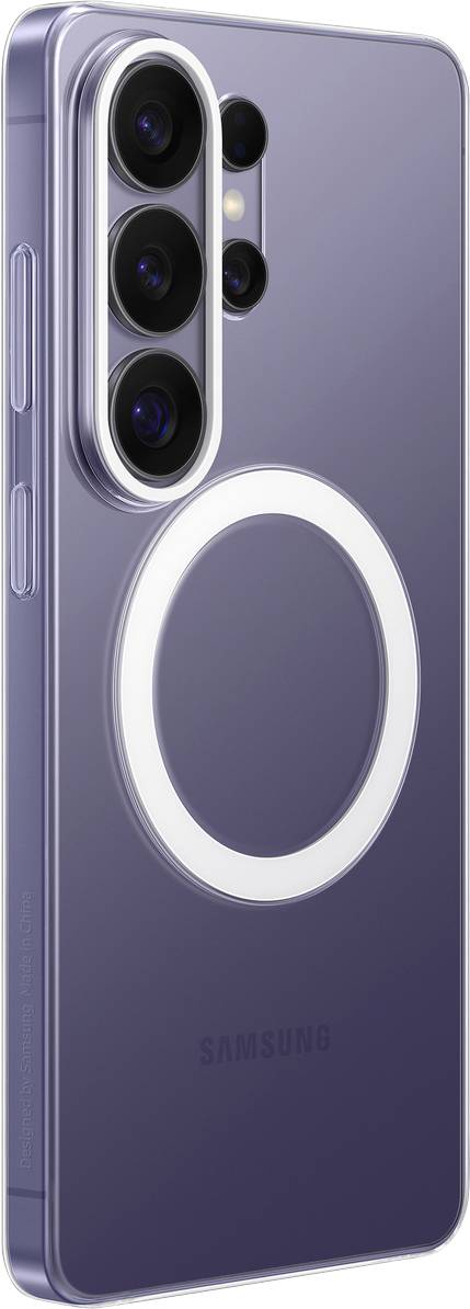 Een slank smartphone met een glanzende afwerking, die het driedubbele camerasysteem aan de achterkant en een opvallend ringdesign rond het centrale gebied toont.