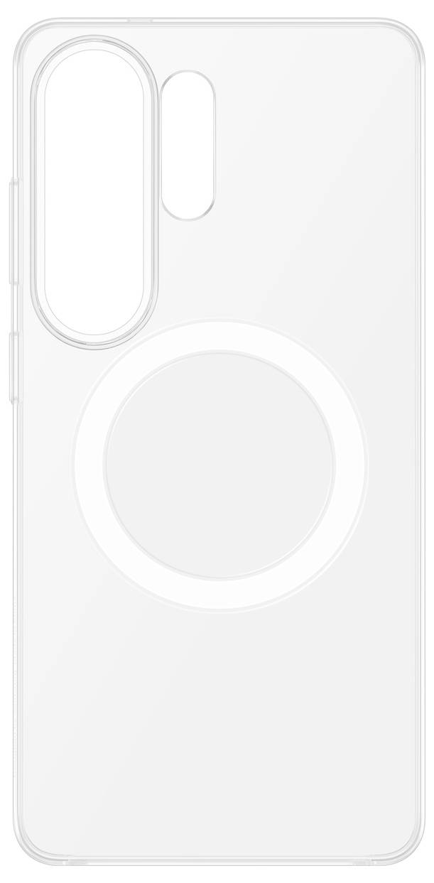 Transparant telefoonhoesje met verticale cameruitsnijding en rond design in het midden, compatibel met magnetische accessoires.
