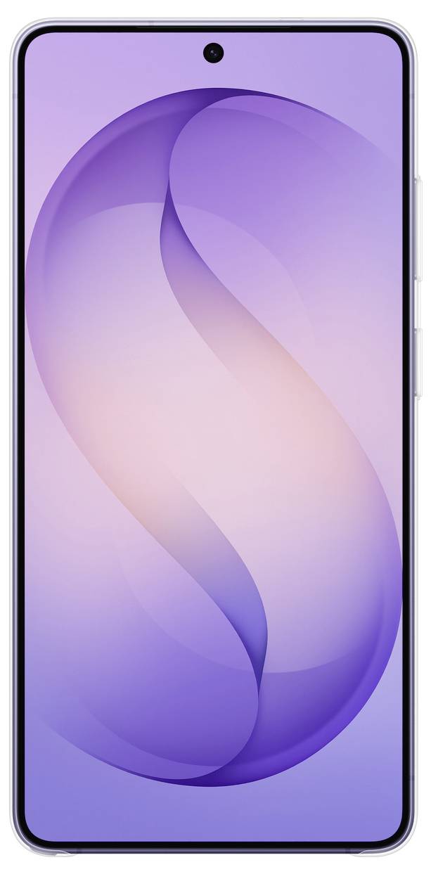 Een smartphone met een randloos scherm met een gebogen abstract purperkleurig ontwerp op het scherm.