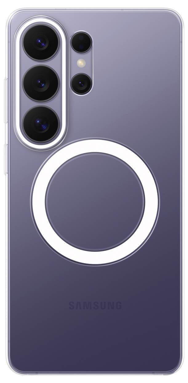 Een slank smartphone met een drievoudige lensencamera en ronde accessoirebevestiging aan de achterkant, met een modern, minimalistische ontwerp.