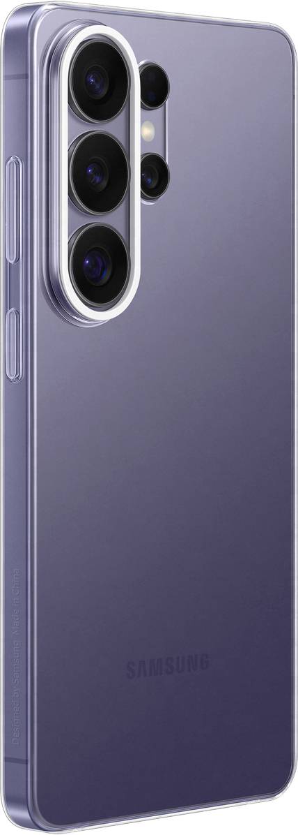 Een slanke paarse smartphone, van achteren weergegeven, met een viervoudige cameraconfiguratie met drie grote lenzen en één kleinere lens.