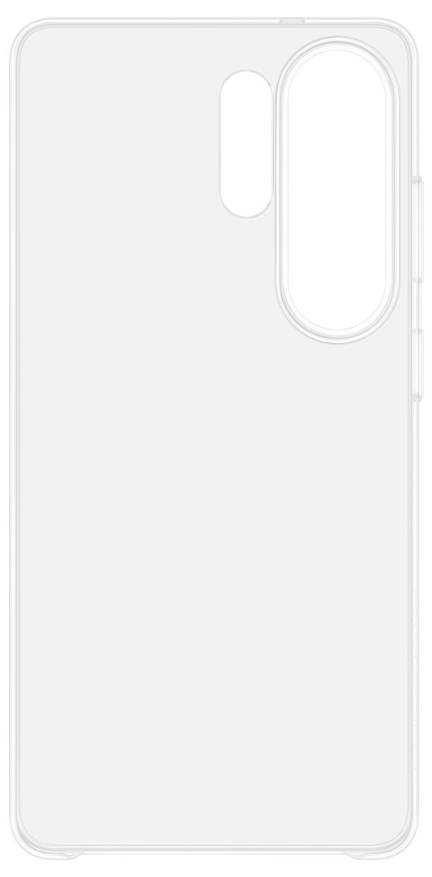 Een duidelijk, transparant hoesje voor een smartphone met een verticale camera-uitsnijding en knopcontouren aan de rechterkant.