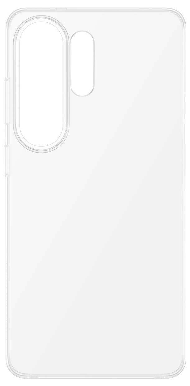 Een doorzichtig smartphonehoesje met uitsnijdingen voor drie achteraamera's en een flitser, ontworpen voor een strakke, minimalistische uitstraling.