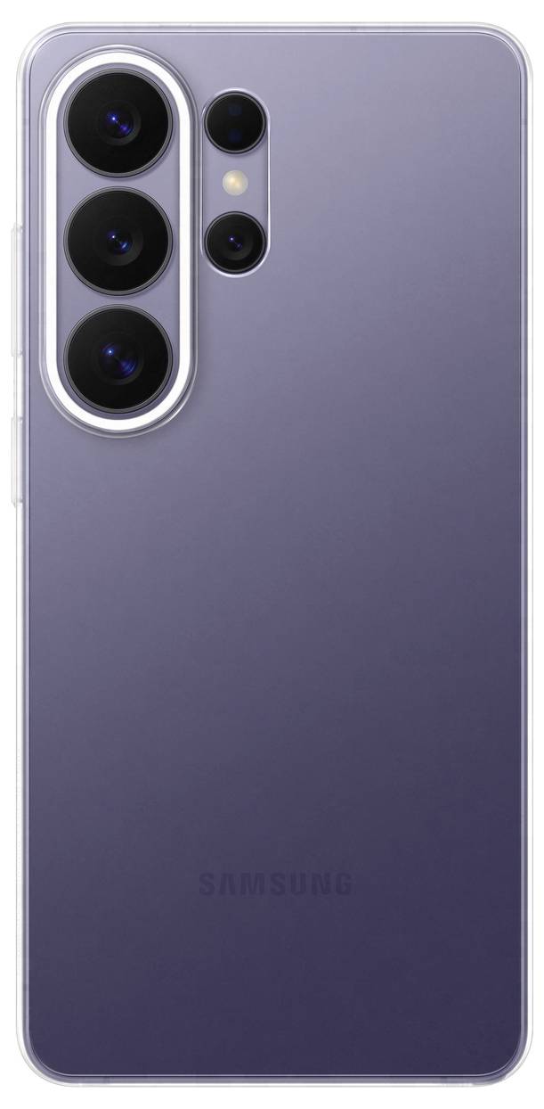 Achterkant van een paarse smartphone met een drievoudige cameraconfiguratie met flits, verticaal aan de linkerkant gepositioneerd.