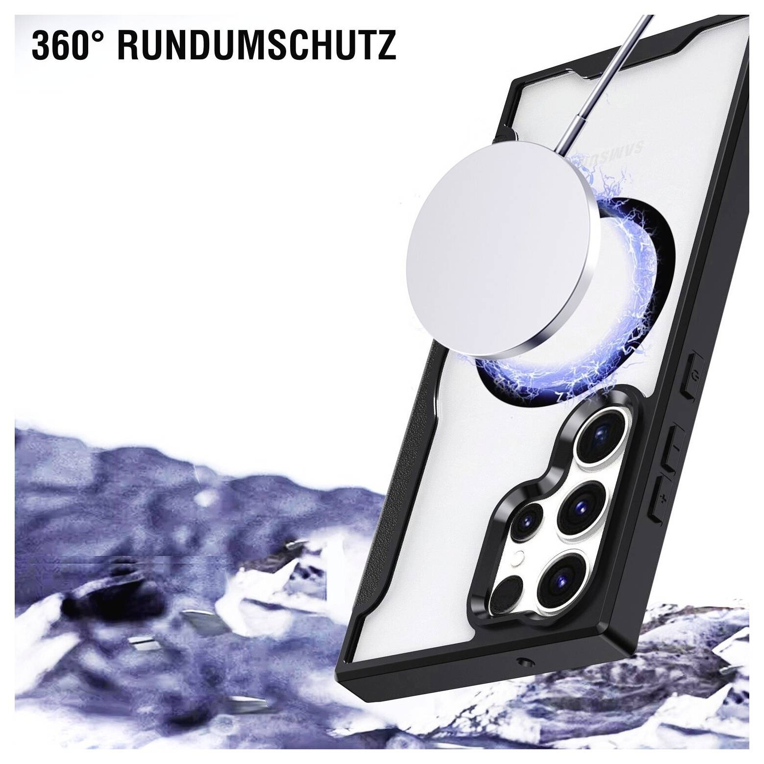 '360° Rondomscherming' tekst met een telefoonhoesje met magnetische bevestiging, waarbij de beschermingsfunctie tegen een waterspatterachtergrond wordt benadrukt.
