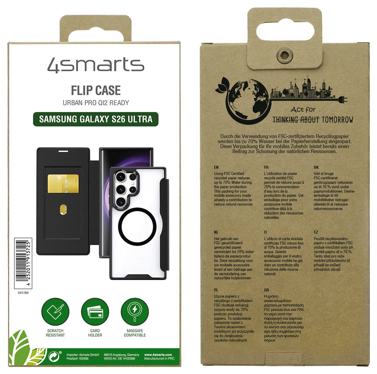 '4smarts' flipcase verpakking voor Samsung Galaxy S26 Ultra met kaarthouder. Achterkant toont milieuvriendelijke materialen en certificeringen.