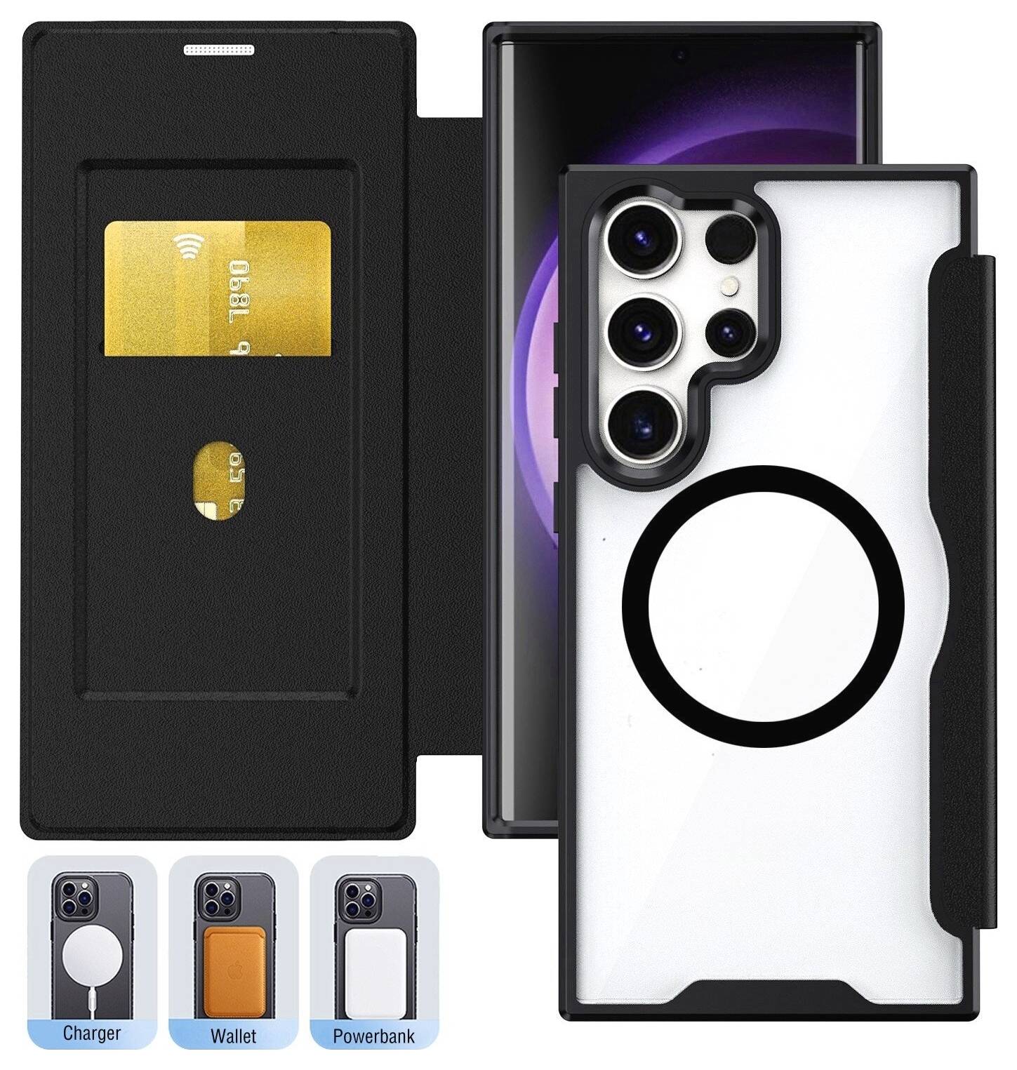 Telefoonhoesje met kaartsleuf en MagSafe-ring. Compatibel met smartphones. Inclusief portemonnee-, oplader- en powerbank-opties.