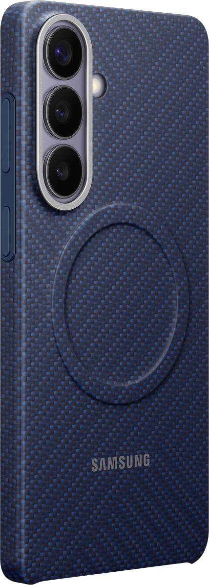 Een blauwe Samsung-telefoonhoesje met een gestructureerd oppervlak en een gat in het midden voor compatibiliteit met draadloos laden.