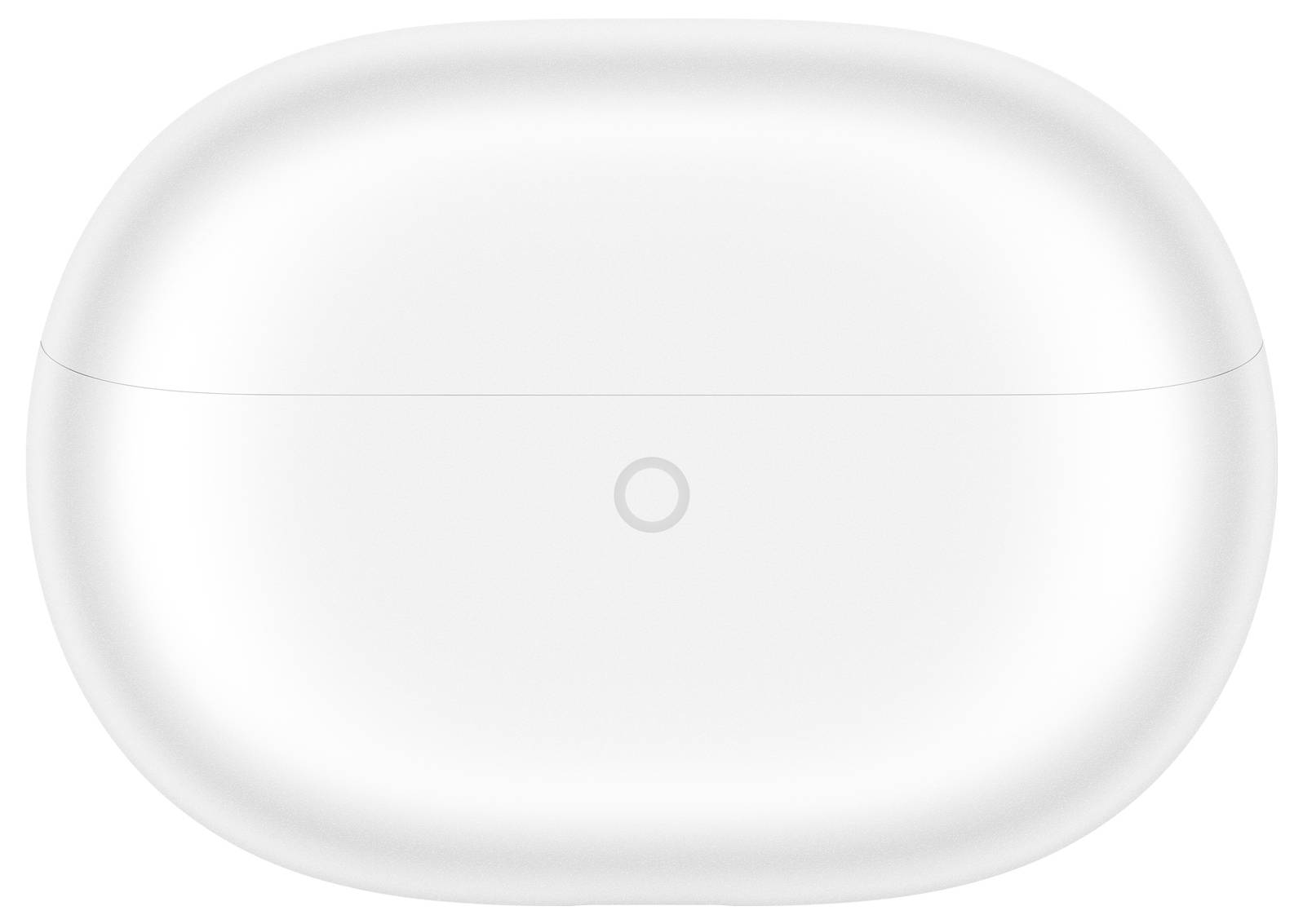 Witte, ovale draadloze oordoppenkoker met een klein rond merkteken in het midden op de voorkant.