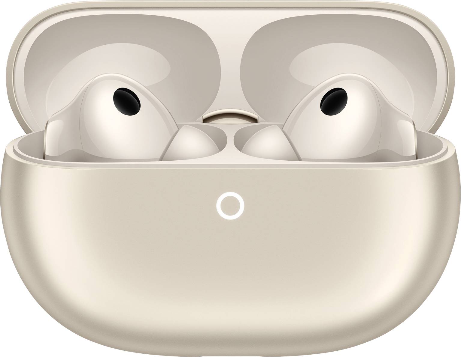Een paar draadloze oordopjes in een open, beige laadcase met een klein rond lichtindicator aan de voorkant van de case.
