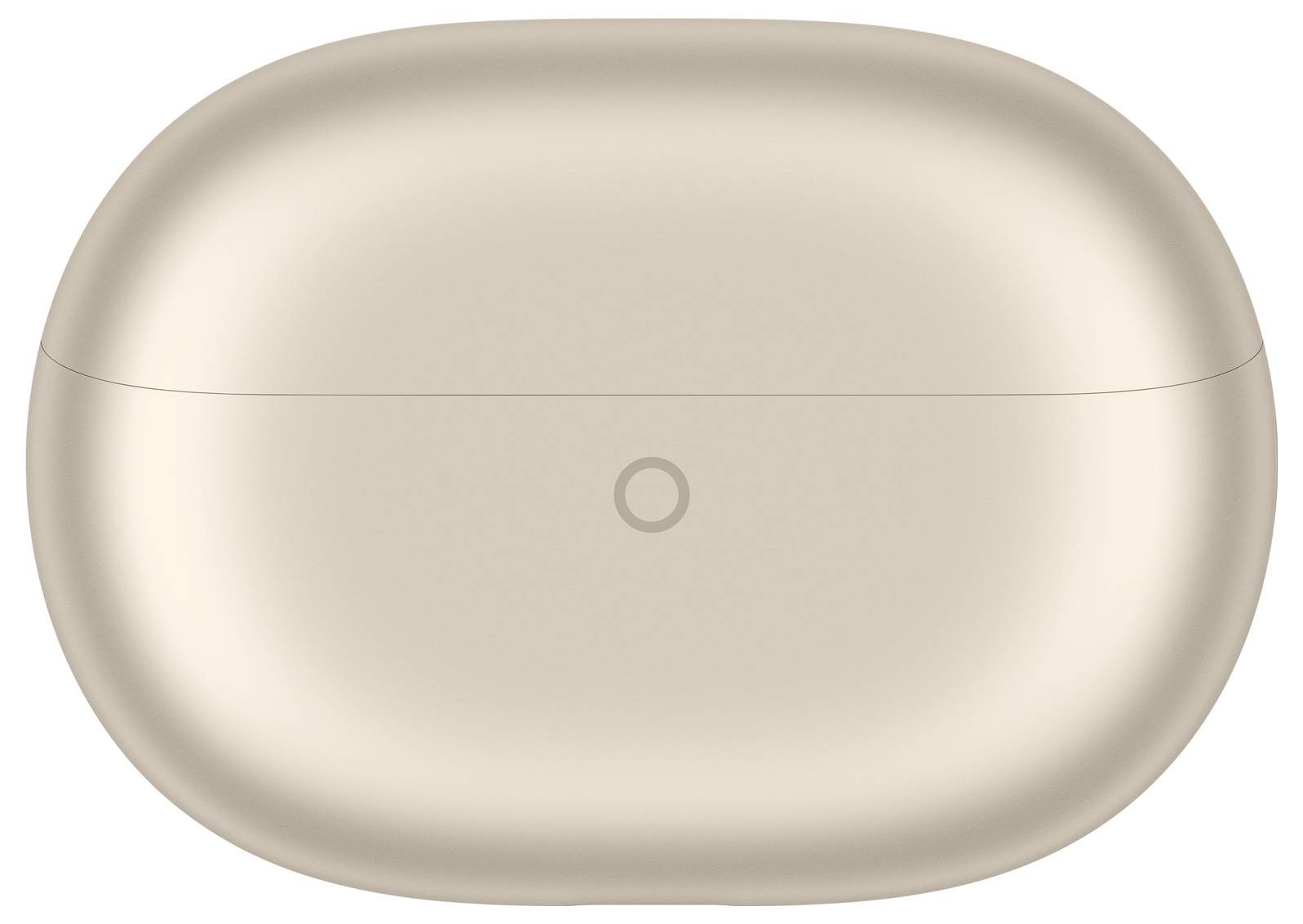 Oordopjes laadcase in ovale vorm, beige kleur, met een gesloten deksel en een klein rond ladingindicatorlampje op de voorkant.