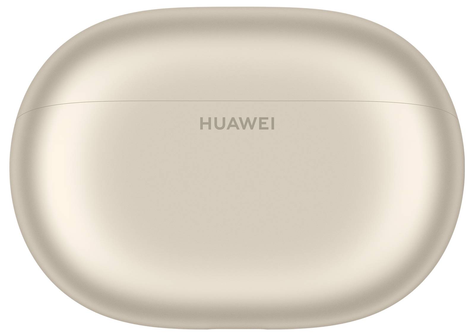 'HUAWEI' tekst op een beige, ovaal vormige oplaadcase voor draadloze oordopjes.