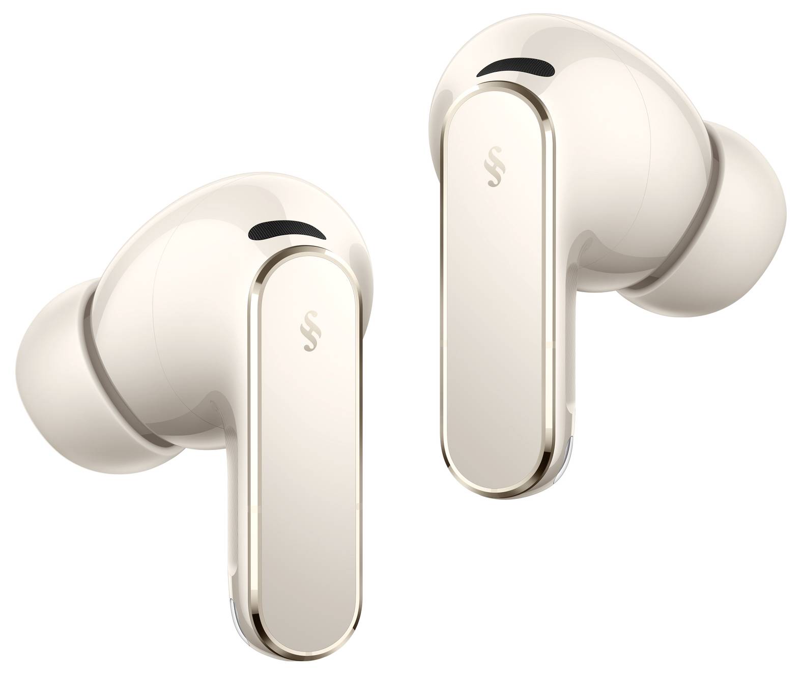 'Witte draadloze oordopjes met slank ontwerp; elke oordop heeft een glanzend oppervlak en in-ear tips voor comfort, merklogo zichtbaar aan de zijkant.'