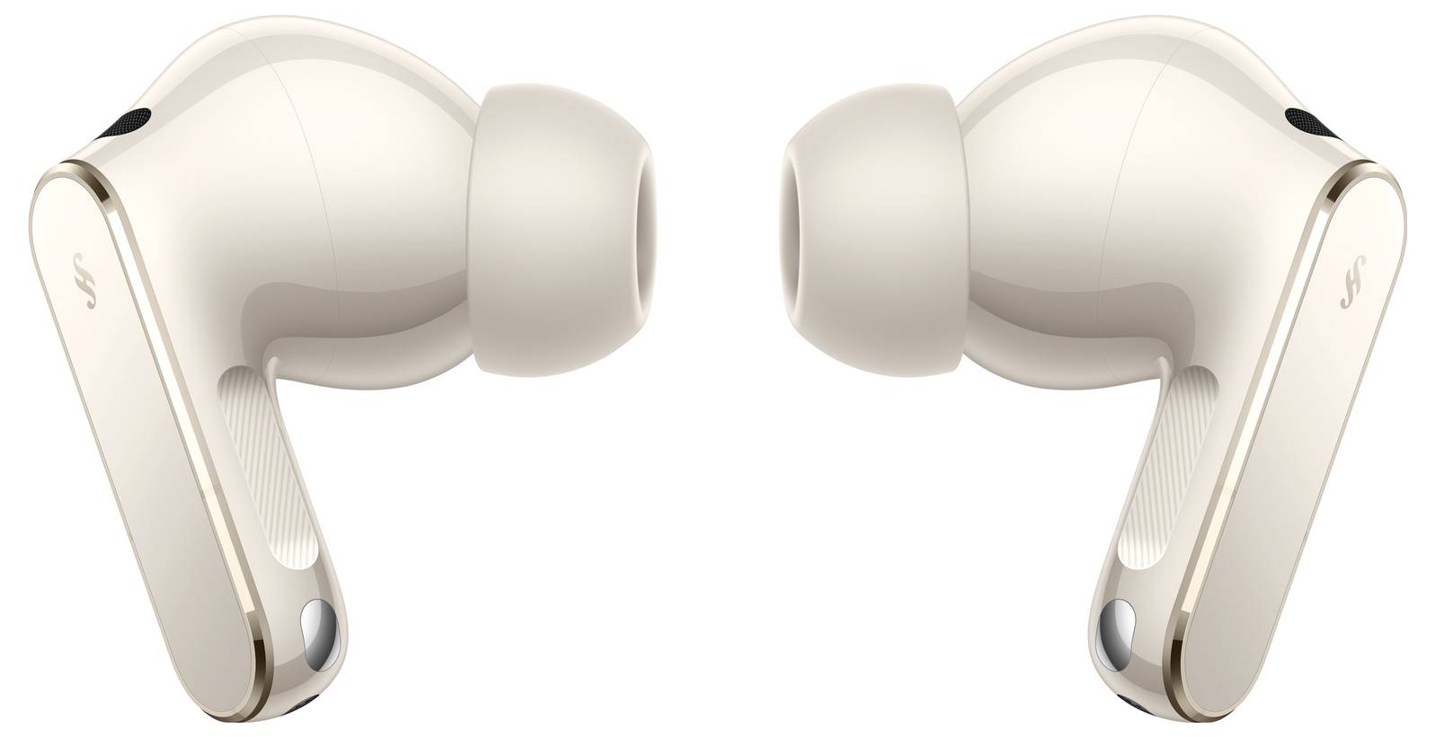 Draadloze oordopjes met strak design, onder een hoek geplaatst voor een perfecte pasvorm, met een glanzende witte afwerking en metallic accenten.