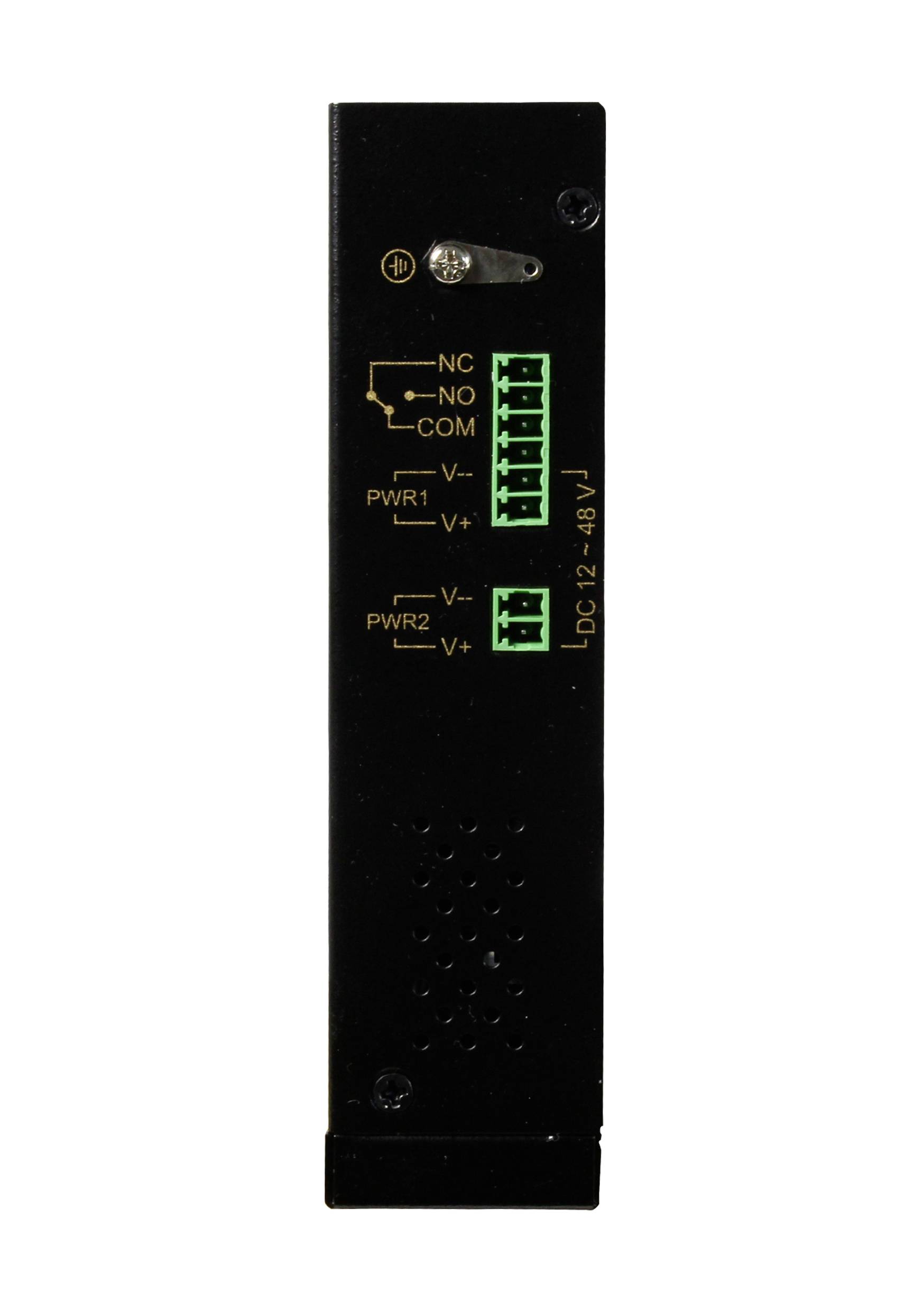 Een zwart elektronisch apparaatpaneel met groene terminalconnectoren gelabeld 'PWR1', 'PWR2' en spanningsspecificaties.