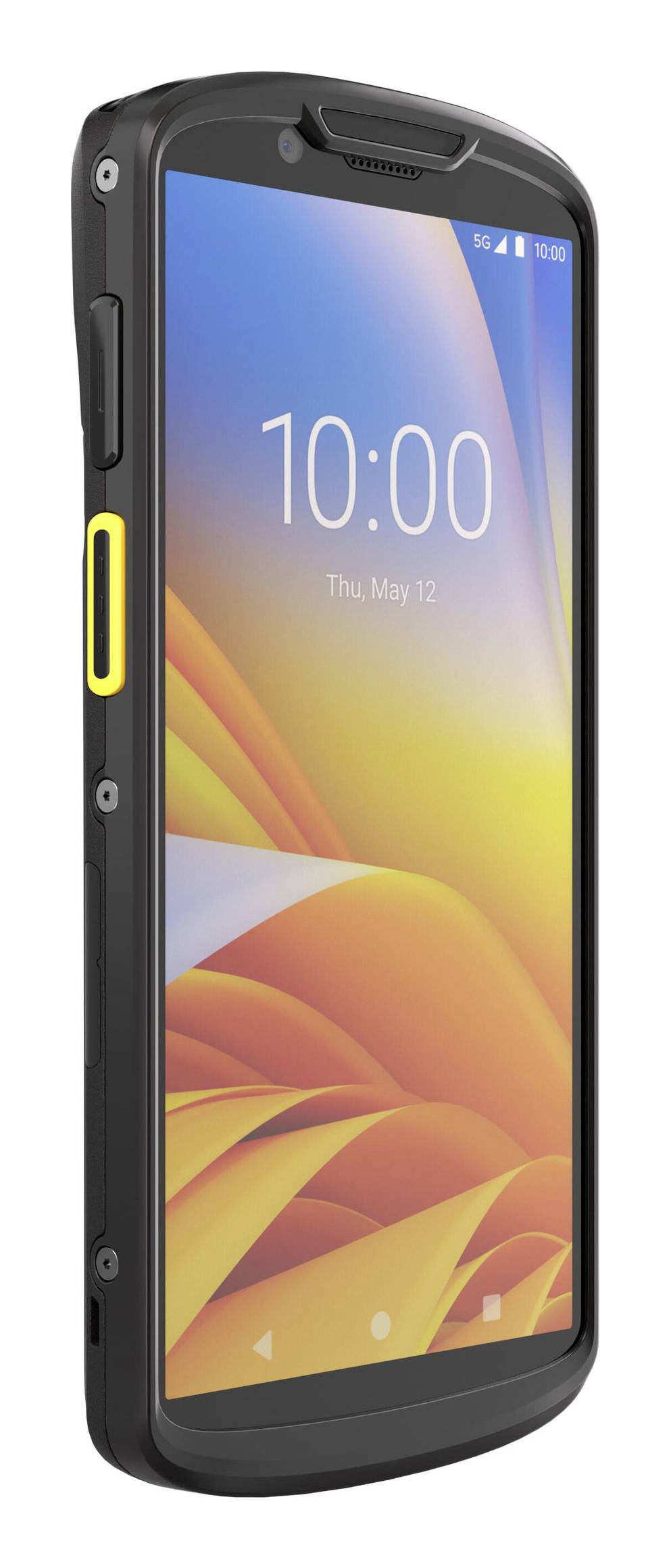 Een smartphone met een robuuste zwarte buitenkant en gele knop, met een helder verloopscherm waarop digitaal tijd en datum worden weergegeven.