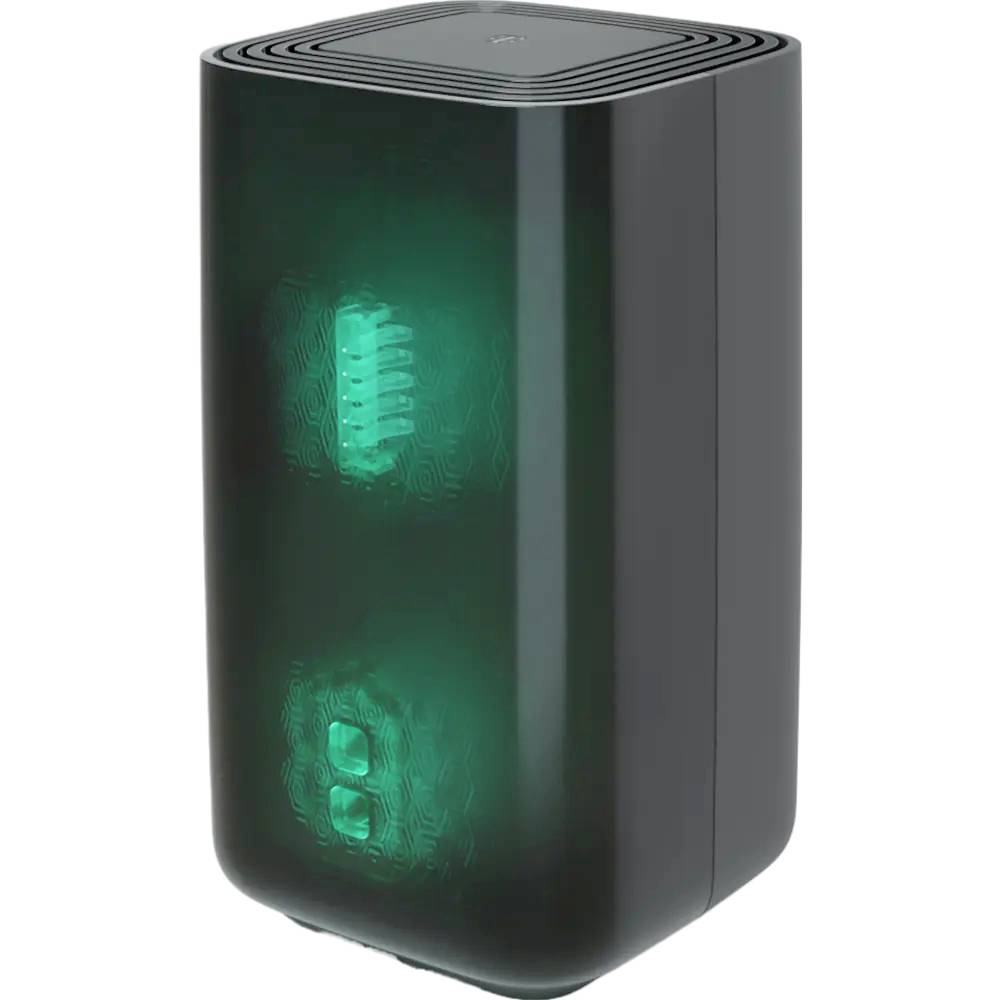 Een zwart rechthoekig elektronisch apparaat met twee verlichte groene secties aan de voorkant, die op signaalaanduidingen lijken.