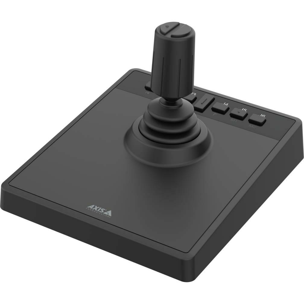 Een zwarte joystick met knoppen aan de rechterkant voor het bedienen van apparaten, gelabeld 'Axis.' Het ontwerp geeft aan dat het gaat om precisie en controlemogelijkheden.