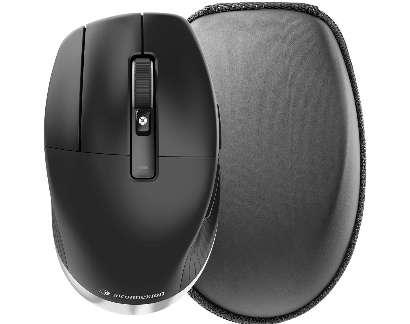 Een zwarte draadloze computermuis met een strak ontwerp, naast een bijpassende beschermende draagtas.