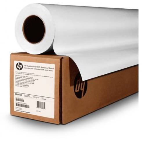 'Een grote rol HP Universal Bond Paper rust op een kartonnen doos, met het productlabel en streepjescode zichtbaar voor identificatie.'