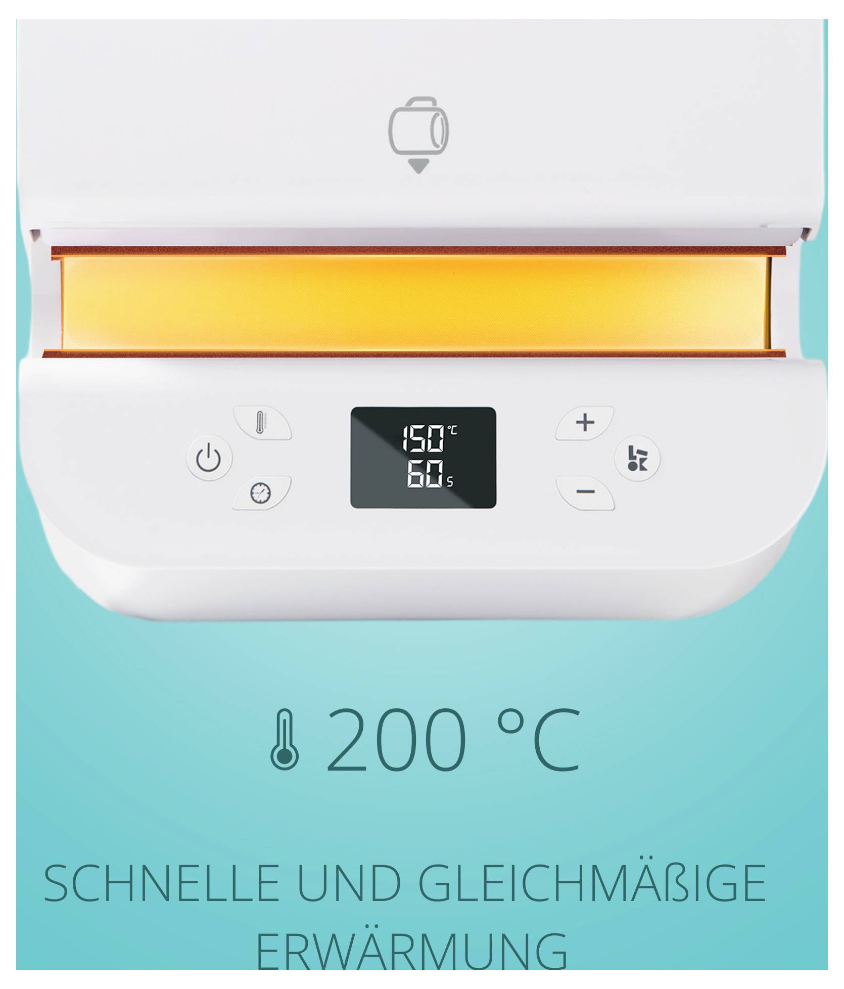 Een keukenapparaat met een digitaal scherm waarop '150°C' en '60s' worden weergegeven. Eronder staat '200 °C SNEL EN UNIFORM VERWARMING' geschreven.