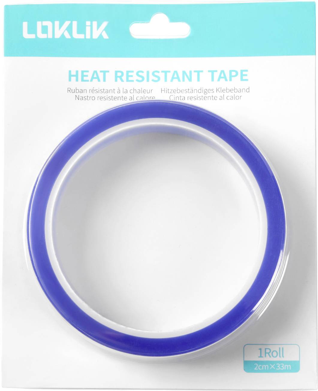 'LOKLIK Hittebestendig Tape, 22m x 33m, 1 Rol' weergegeven in blauw en wit verpakking.