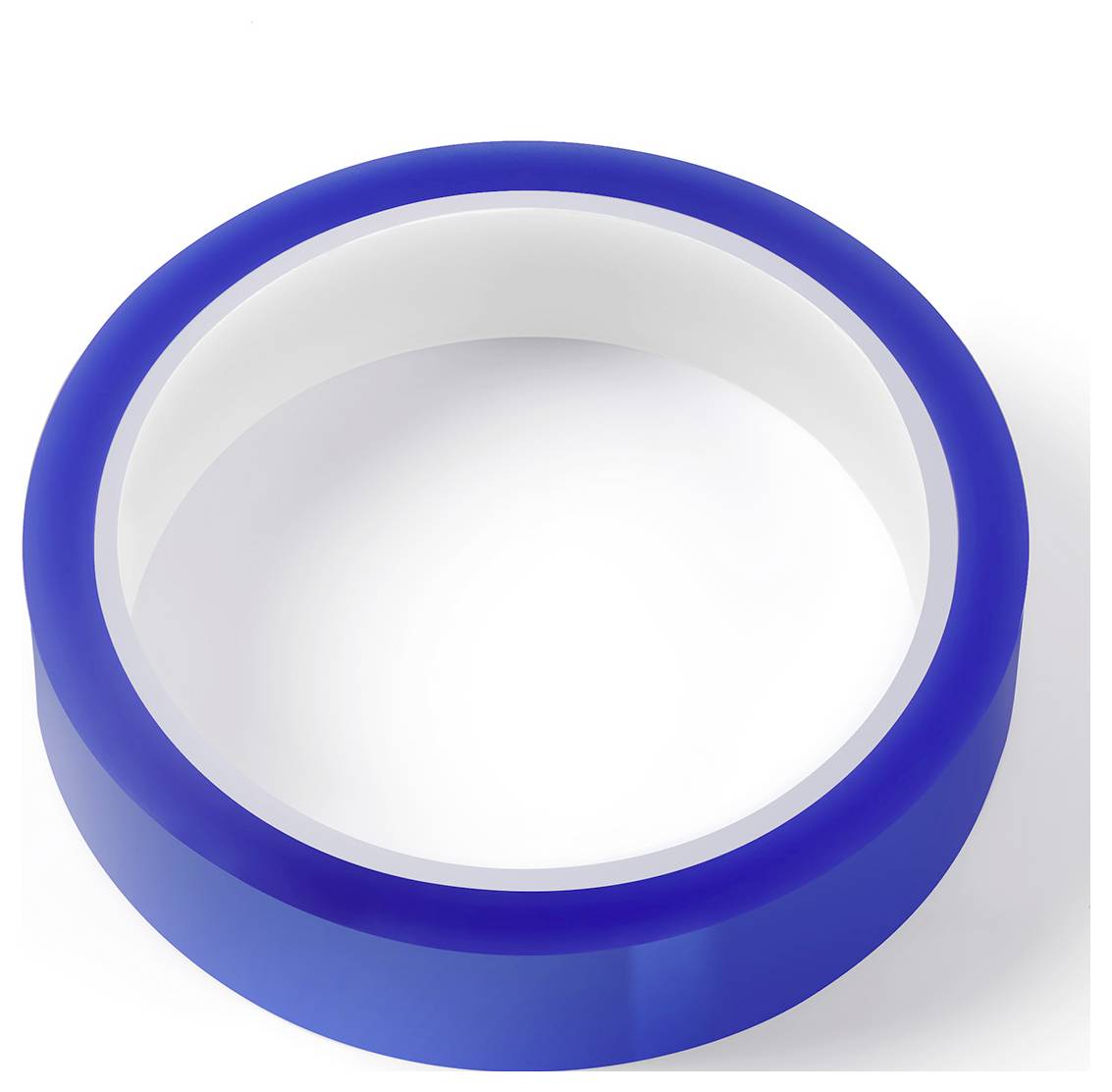 Een rol blauwe schilderstape, wit aan de binnenkant, van bovenaf bekeken op een witte achtergrond.