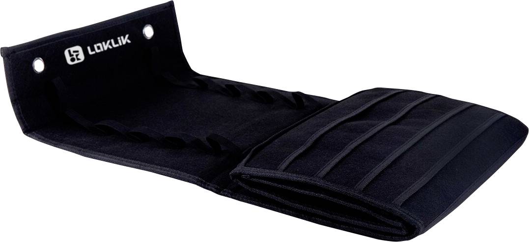 Zwart opvouwbaar auto-zonnescherm met Loklik-logo en zuignappen, weergegeven opgerold in een compacte, geribbelde matrachtige vorm.