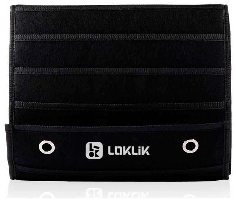 Zwarte opvouwbare opbergportefeuille met LAKLIK-logo en twee metalen ogen aan de voorkant.