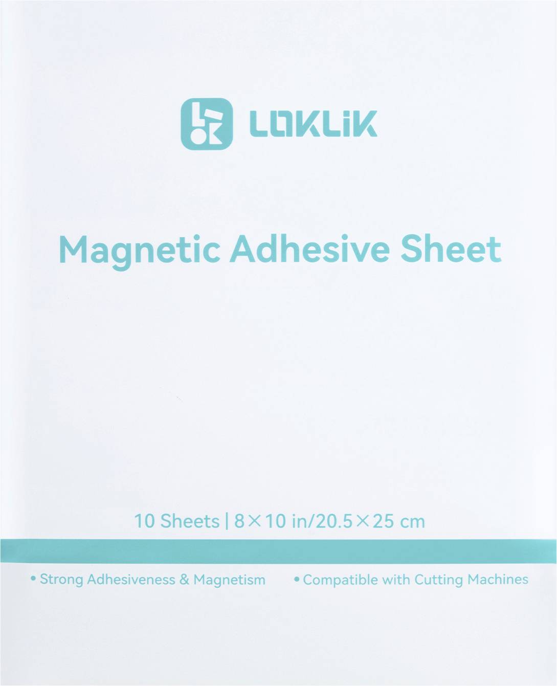Magnetische plakband pakket met 'Lanklik' branding. Vermeld grootte 8x10 inch, 10 vellen, met sterke kleving en compatibiliteit met snijmachines.