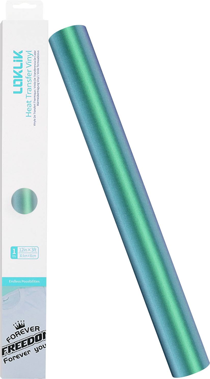 Een rol blauwgroen holografisch vinyl voor verpakking staat verticaal naast de verpakking ervan, die wit is met blauwe tekst, 'Forever Freedom'.
