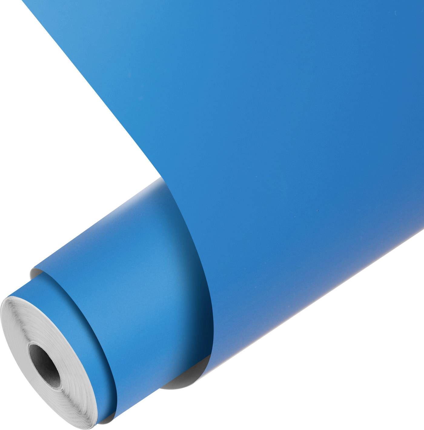 Een gedeeltelijk uitgerold rol blauw vinylfolie op een witte achtergrond, waarop de cilindrische kern en de gladde textuur van het materiaal zichtbaar zijn.
