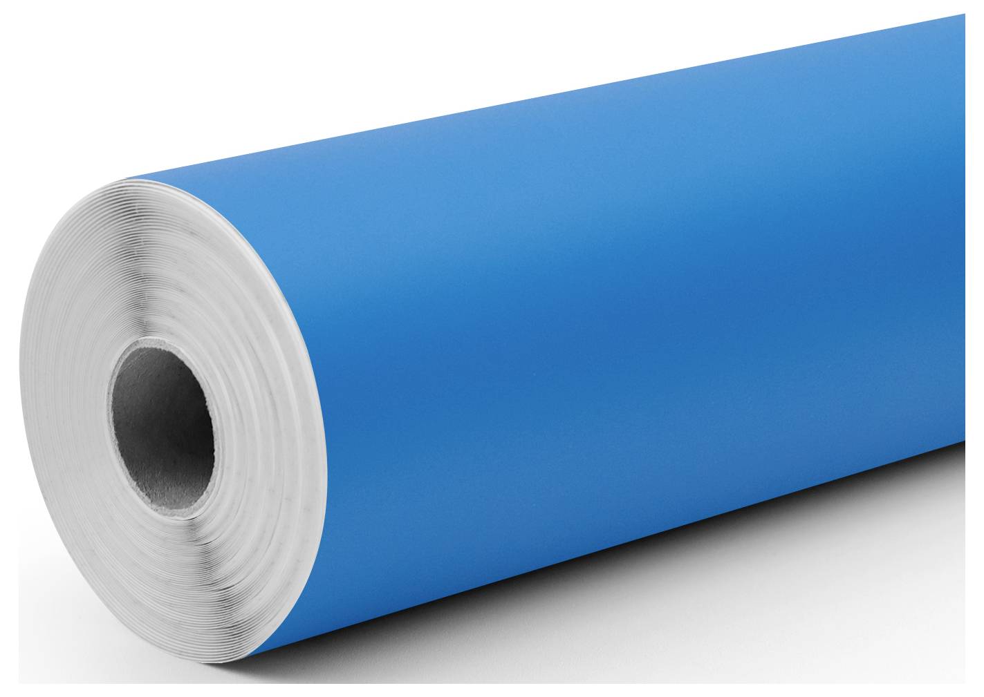 Een grote rol levendig blauw vinylmateriaal met een glad afgewerkt oppervlak, horizontaal gepositioneerd tegen een witte achtergrond.